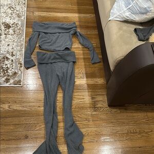 Gray Ribbed Knit Off-Shoulder Set